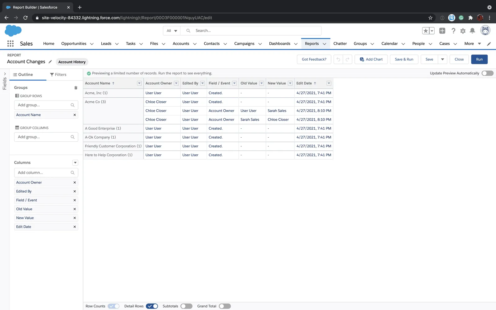 Edit Salesforce account field history report