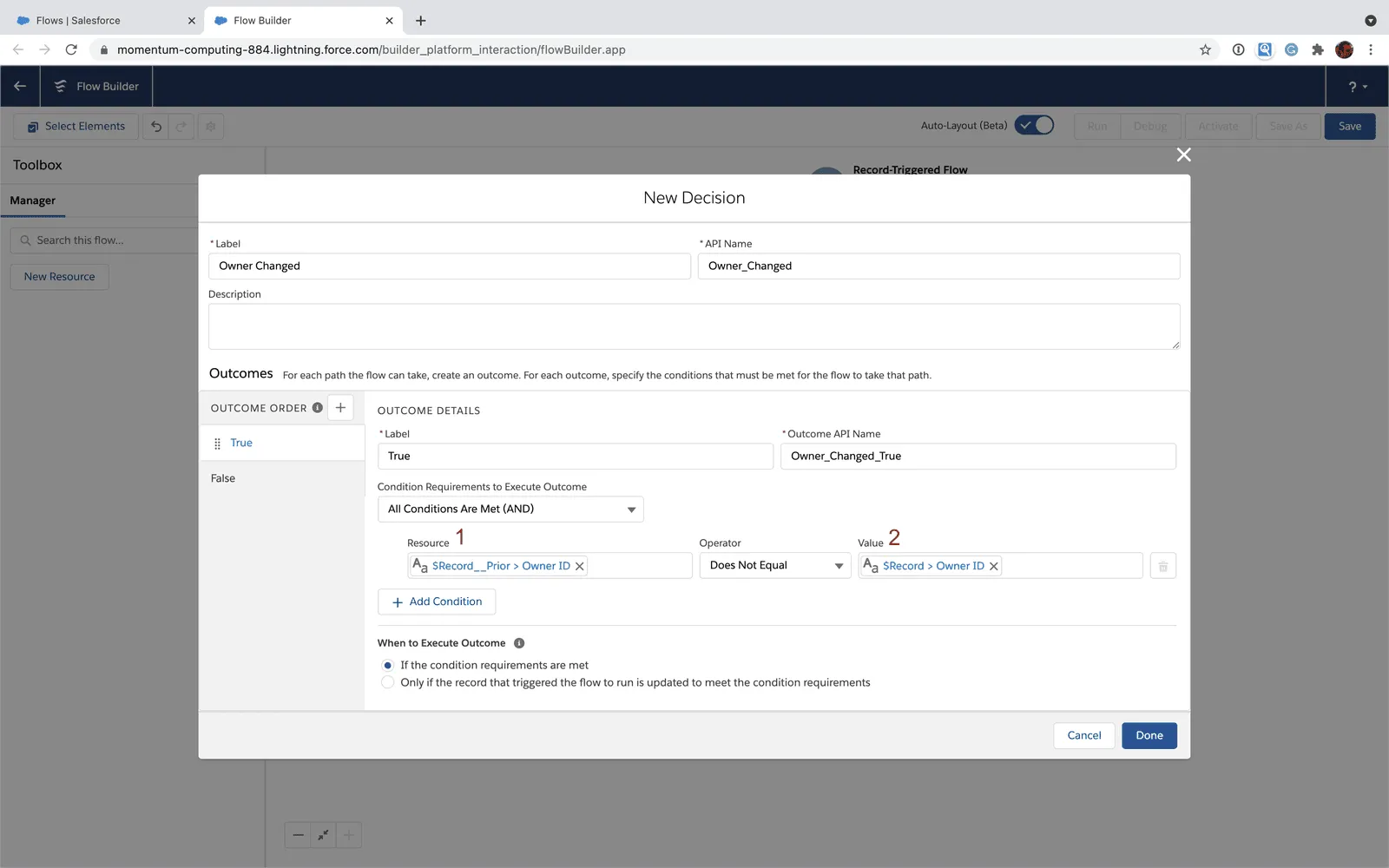 Salesforce Flow Decision element in checking for Account ownership change
