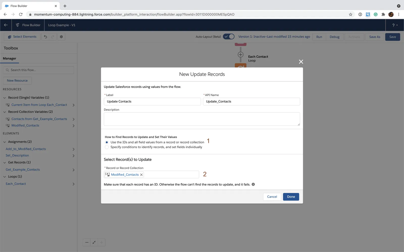 Update Records element with Salesforce Flow loop