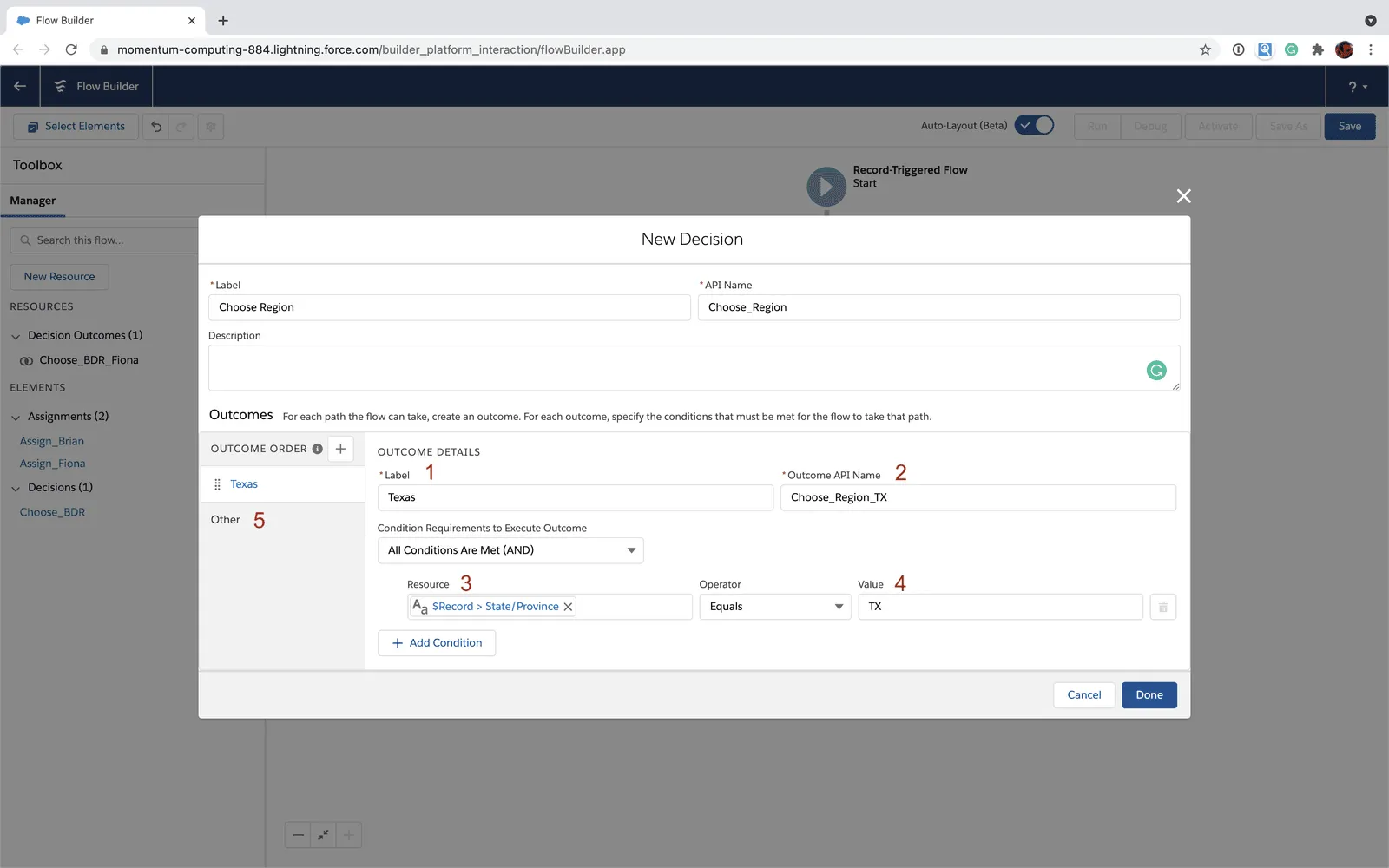 Salesforce Flow Decision element to choose BDR region