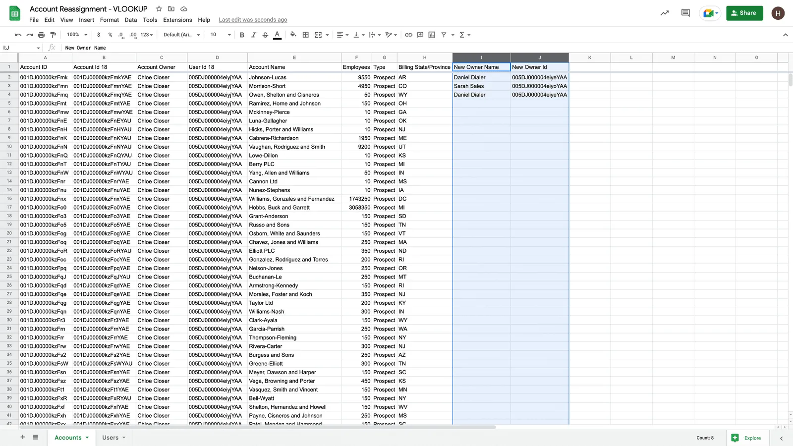 Specify new account owner using VLOOKUP in Google Sheets