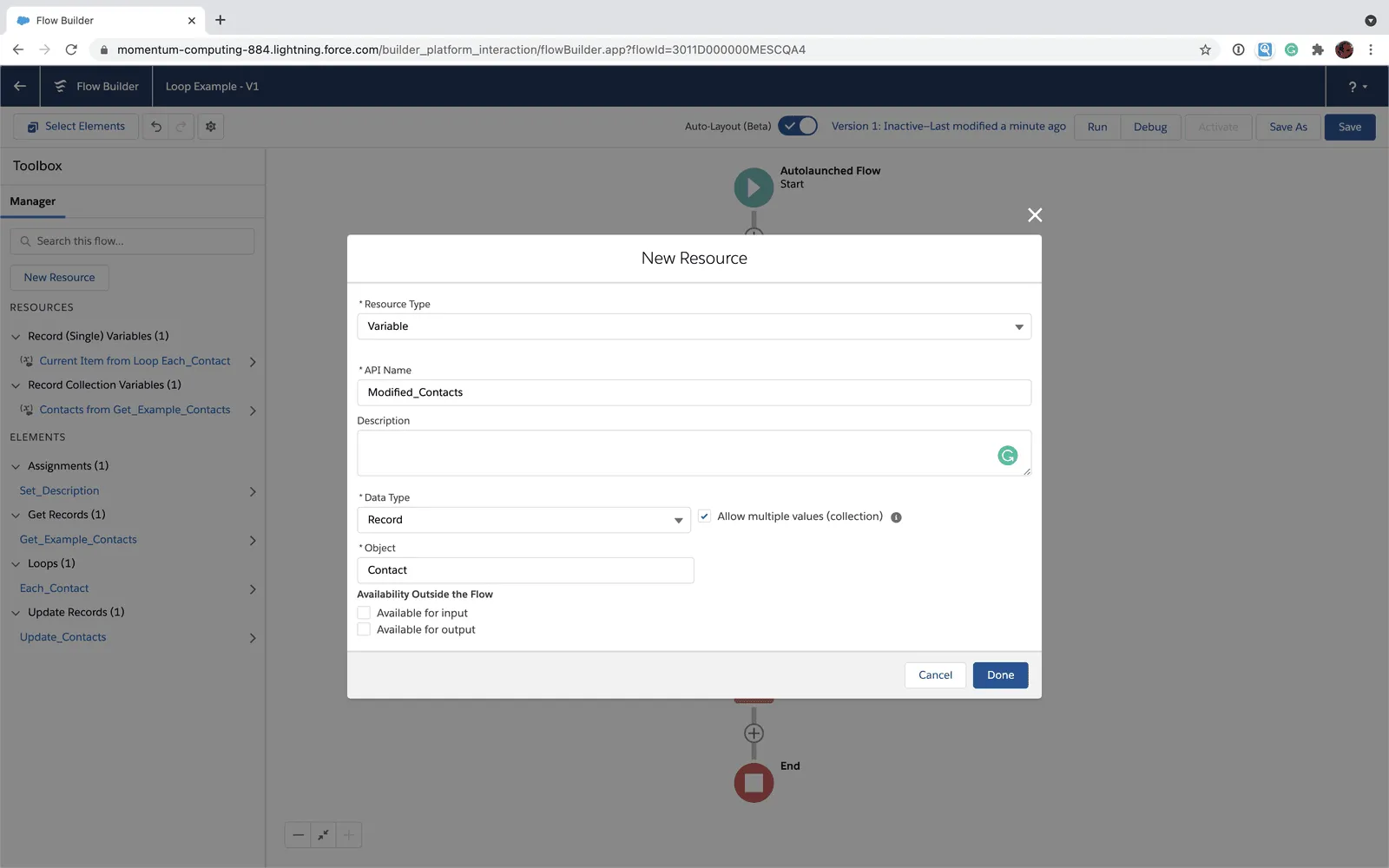 Add Salesforce Flow variable for modified contacts