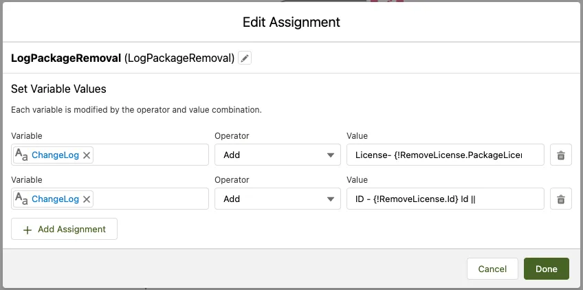 log package removal flow example