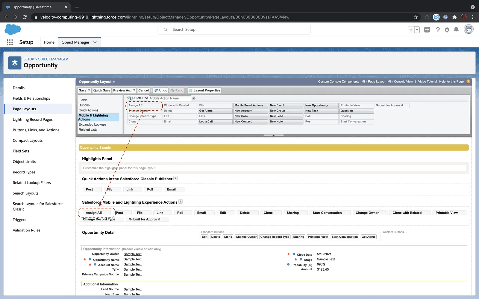 Salesforce Opportunity page layout editor showing how to drag the Assign AE action into the layout