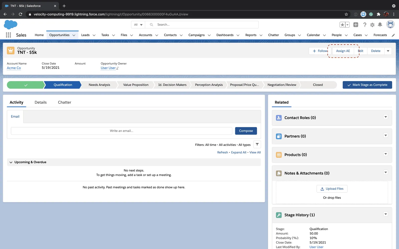 Salesforce Opportunity record detail page with Assign AE button