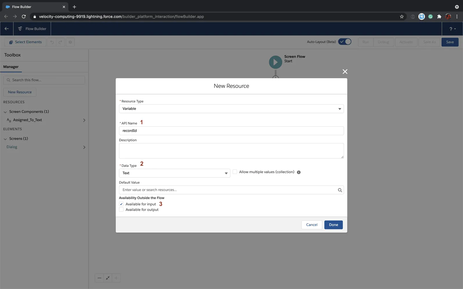 Salesforce Flow new resource screen for the recordId variable